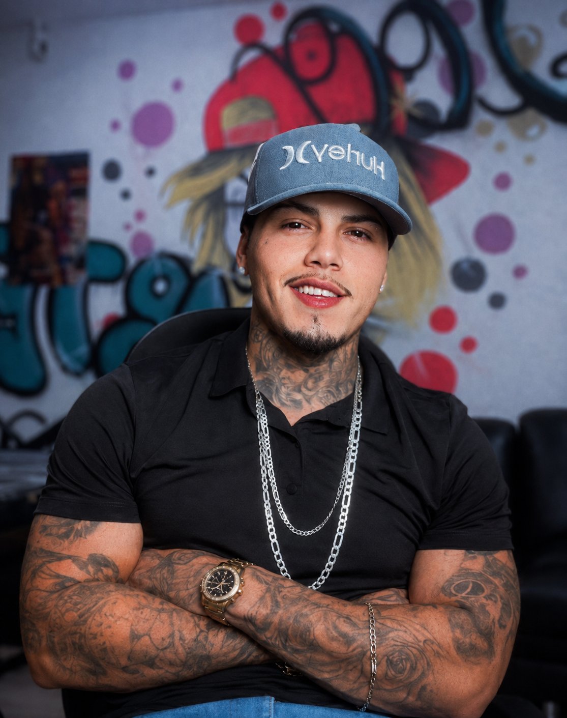 Digo Tattoo — tatuador em seu estúdio, usando preto e branco e tatuagens visíveis nos braços e pescoço.